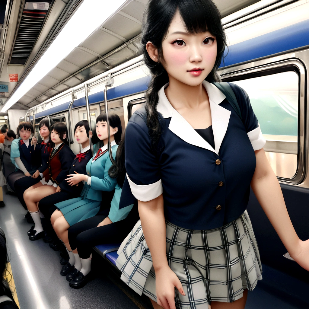 Asian woman in her 50s wearing a uniform riding on a subway train, a hyperRealistic , Cute school girl, Japanese girls uniform, hyperRealistic , Japanese , Wearing Japanese clothes , Dressed as a high school girl, Real life anime girls, Realistic , Perfect expression, Realistic young gravure idol, Beautiful anime school girl