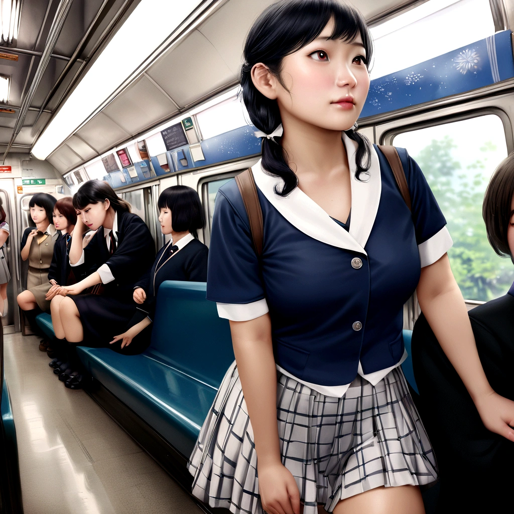 Asian woman in her 50s wearing a uniform riding on a subway train, a hyperRealistic , Cute school girl, Japanese girls uniform, hyperRealistic , Japanese , Wearing Japanese clothes , Dressed as a high school girl, Real life anime girls, Realistic , Perfect expression, Realistic young gravure idol, Beautiful anime school girl