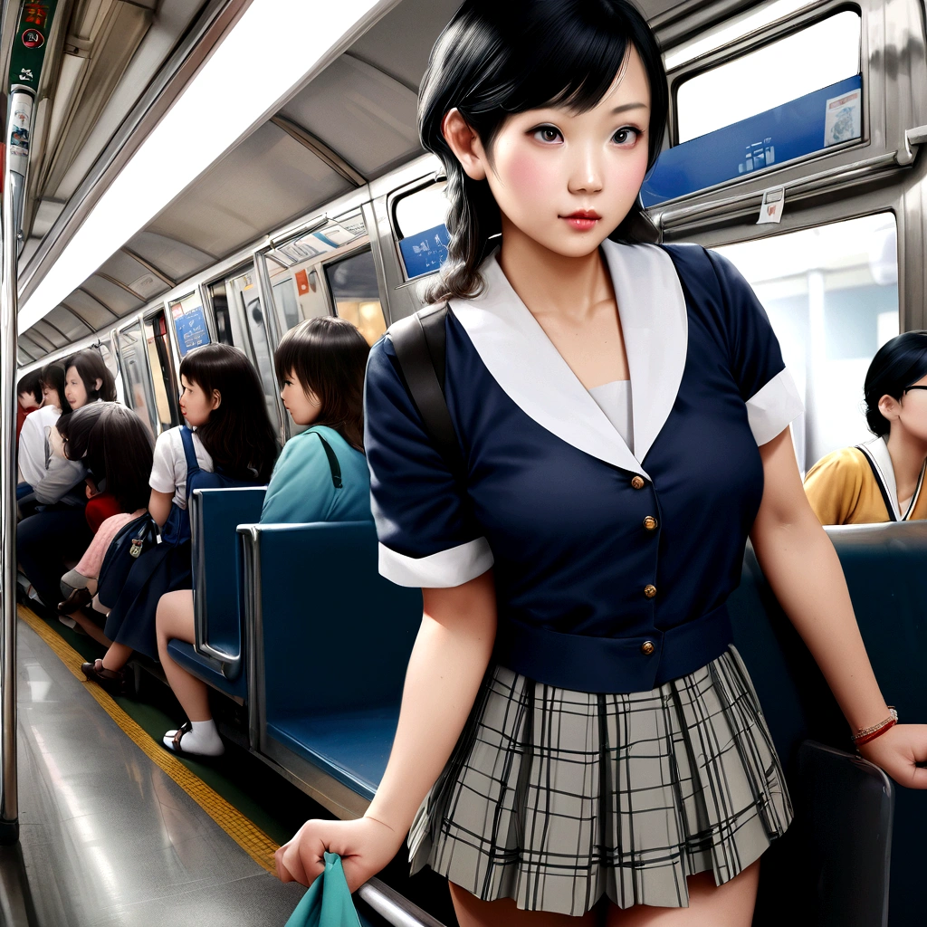 Asian woman in her 50s wearing a uniform riding on a subway train, a hyperRealistic , Cute school girl, Japanese girls uniform, hyperRealistic , Japanese , Wearing Japanese clothes , Dressed as a high school girl, Real life anime girls, Realistic , Perfect expression, Realistic young gravure idol, Beautiful anime school girl