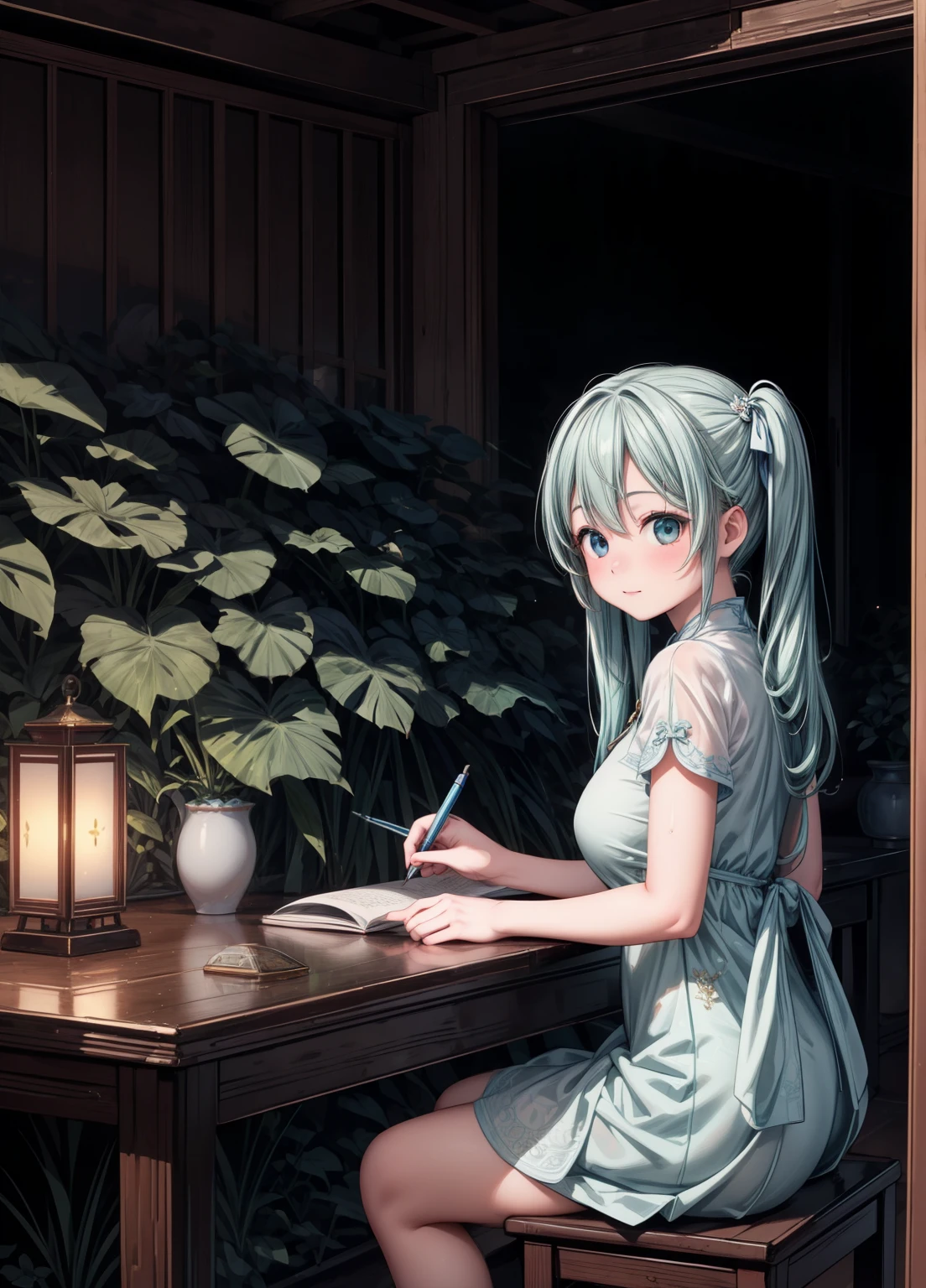 (masterpiece、Highest quality、Highest quality、Official Art、Beautiful and beautiful:1.2)、(One girl:1.3)Hatsune Miku、Twin tails,Beautiful breasts,Photo of a beautiful girl in traditional Chinese dress looking at an ancient Chinese book under a lamp on a low table in an old walled garden on a peaceful evening,((he has a pen in his right hand.、Place your left hand on the table)),((Tabletop)),Realistic,4K,,((Beautiful big eyes))