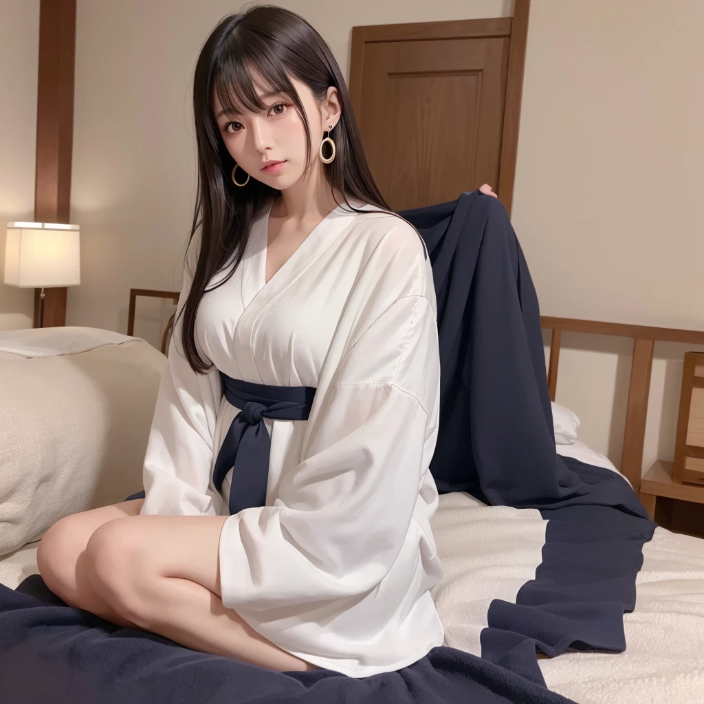 uhd, best quality, 1080P、1080×1920、Beautiful woman posing on the bed、Japanese Goddess、Beautiful curves、むちっとした体 日本model、Cute、清楚な女性 ゴージャスな中国model、model体型、Real、Beauty、uniform、shirt、one piece、Earrings、Gal、Adult women、young、Stylish、Girly Outfit、model、solo