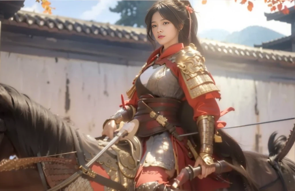 close up:A lady riding a horse,A bird perched on my shoulder, Concept art inspired by Dojong, cg Social Hotspot, What is it?, Full body martial arts, xianxia hero, Beautiful rendering of the Tang Dynasty, Female Samurai, chinese warrior, Katana Zero Video Game Character, bian lian, A beautiful female warrior