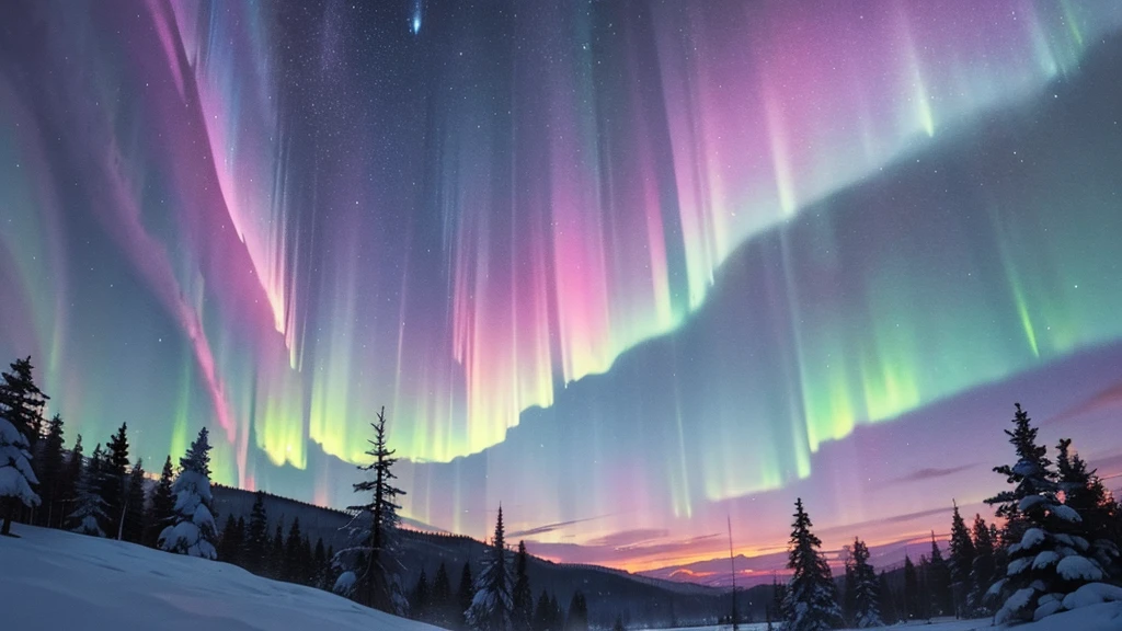 wonderfull stary pink sky with Aurora borealis in norway snowy forest, 