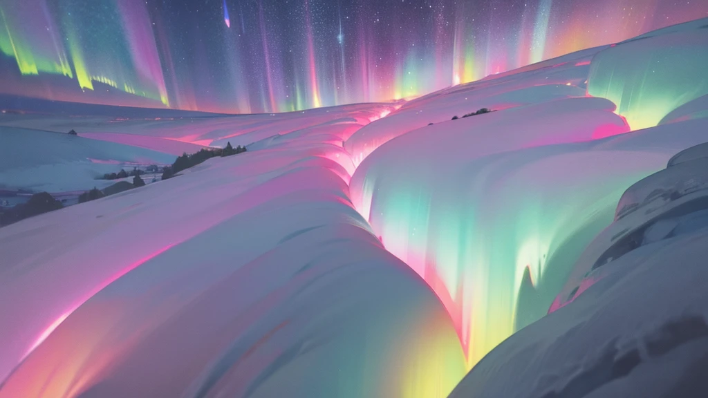 wonderfull stary pink sky with Aurora borealis in norway snowy forest, 