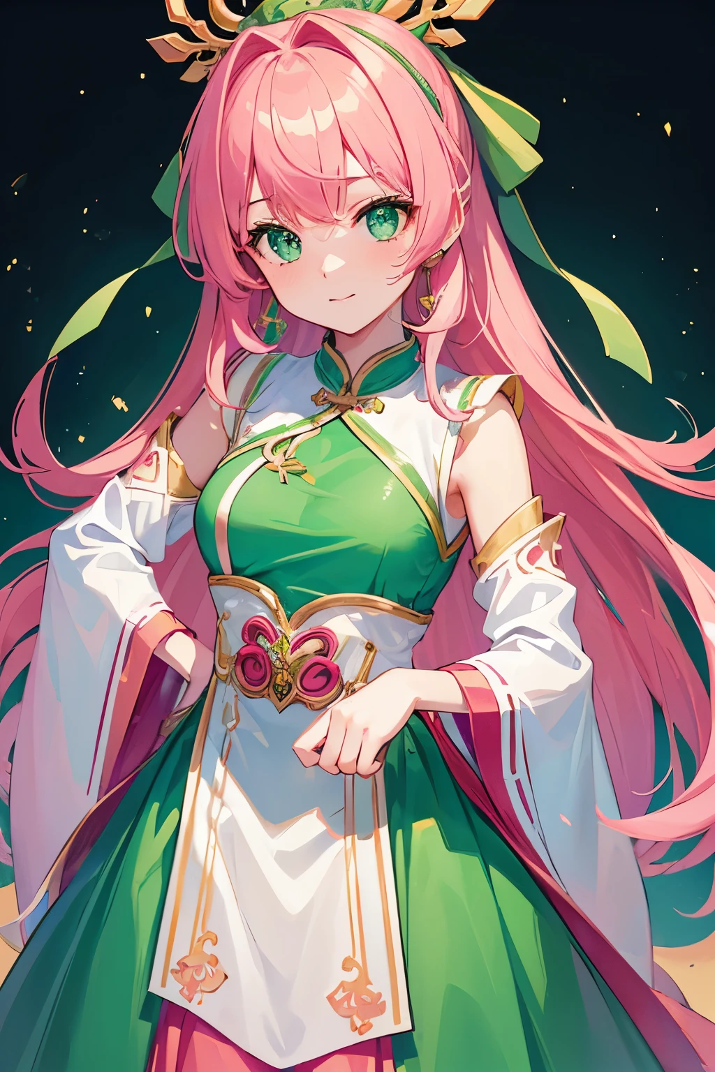 (((High quality,8k)))Beautiful,Shy,Girl,solo,Pink hair, Green eyes with heart in eyes,Green ribbons headband,Emerald necklace,Pink chinese national dress, Tall 167 cm., Cute girl