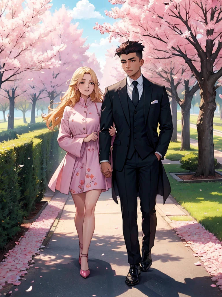 Envision a park vibrant under the afternoon sun, where every detail is highlighted by the bright, clear light. The couple moves along the path flanked by blossoming cherry trees, their elegant figures silhouetted against the colorful backdrop.

The woman wears a sophisticated coat that sways to the rhythm of her steps. She carries a bag that gently swings in harmony with the falling pink petals from the trees. Her blonde hair reflects the sun, creating a luminous contrast with the soft hues around her.

The man, with his dark skin and hair shaved on the sides, exudes a distinct presence. Dressed in a flawless black suit, he carries a bag that complements his professional appearance. Together, they walk away from us, hand in hand, symbolizing a shared journey and a promising future.

The cherry trees adorn the park with their pink flowers and dancing petals that spread across the ground like a natural carpet. The scene is captured in watercolor style, where colors merge and flow freely, creating an impression of movement and life that is both ethereal and rooted in the palpable reality of the sunny afternoon.