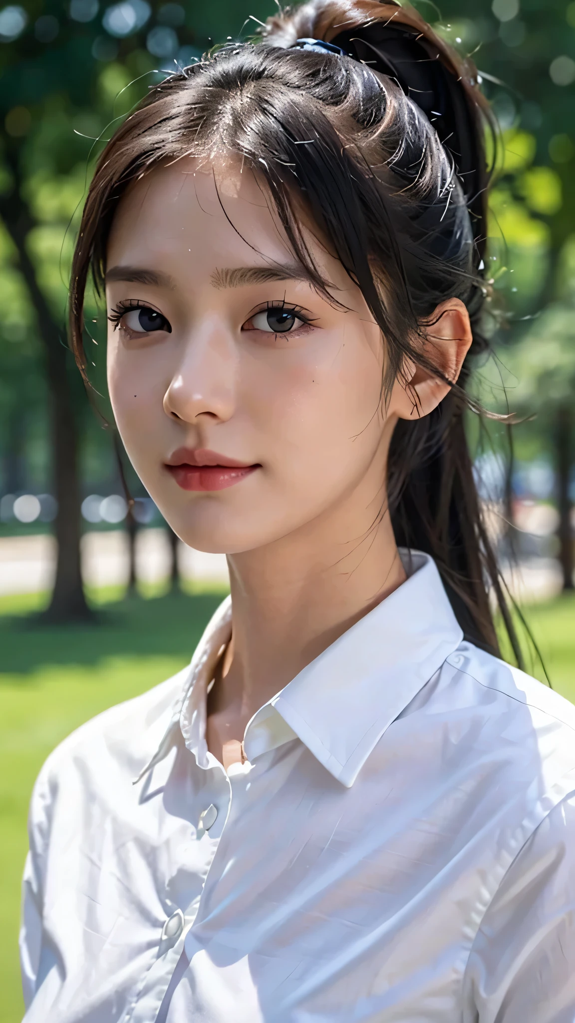 White collared shirt,jeans,outdoors,Urban Park,On the lawn,One woman,close up face,fully body photo,masutepiece, The highest image quality, High quality, the background is clear,Beautiful woman, Japanese, Detailed, Ultra-detailed, finely detail, hight resolution, 8K Wallpaper, Perfect dynamic composition, Beautiful detailed eyes ,Detailed eyes, Detailed skin, Beautiful skin, 超hight resolution, (reality: 1.4),Very beautiful woman, Slightly younger face, Beautiful skin, slender, (Ultra photo realsisim), (hight resolution), (8K), (Very detailed) (beautifully detailed eyes), (super detailed), (Detailed face), view the viewer, Fine details, Detailed face, Staring straight ahead, Staring straight ahead, photos realistic, Bright lighting, Professional Lighting, Black hair,poneyTail,a baby face,sixteen years old,Hairstyle: ponytail,Long ponytail hairstyle,slight smile,
