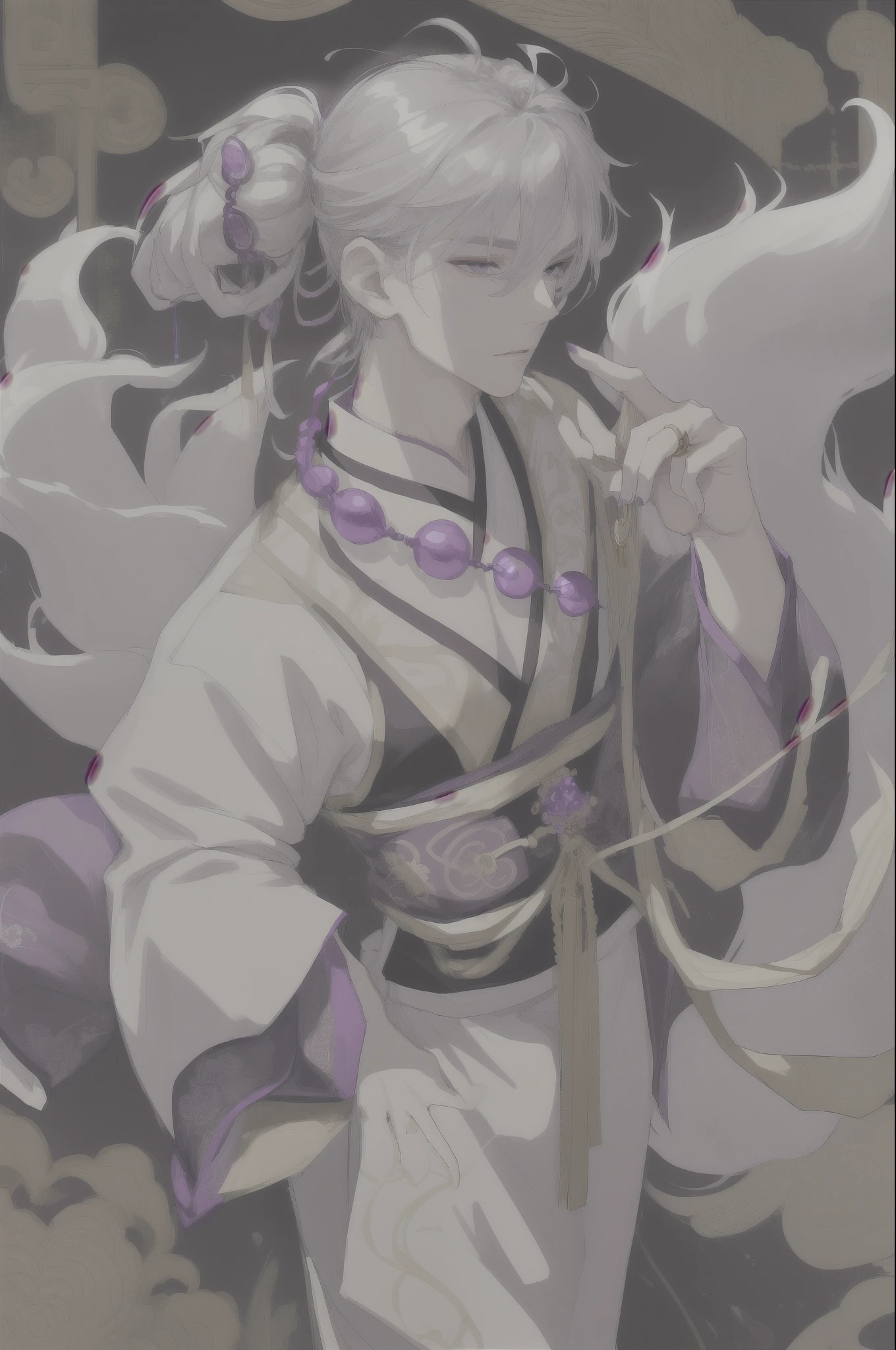 ((masterpiece:1.2, best quality)), 4k, 1boy, his face is oval-shaped with high cheekbones and a firm jaw. His skin is alabaster-white, flawlessly smooth, giving off an elegant and timeless impression. His eyes were a dark violet color. His hair is long, straight, and silver in color with a silky sheen, reaching his back. They are usually left free flowing or half-tied with fox-shaped gold ornaments. Cheng Yi wears a graceful and elegant hanfu, made of the finest silk material. The inside is white with a delicate fox motif in silver threads, while the outside is dark purple with gold embroidery in the shape of a coiled fox tail. The hanfu sleeves are long and wide with embroidered cloud and wind motifs, and the cuffs are decorated with gold lace. A wide gold obi with a purple jewel in the center neatly ties the hanfu together. He wears black shoes with silver ornaments in the shape of fox tails on the tips. A necklace with a fox-shaped pendant made of purple gemstones, and a silver ring with a fox carved on the ring finger of the left hand.