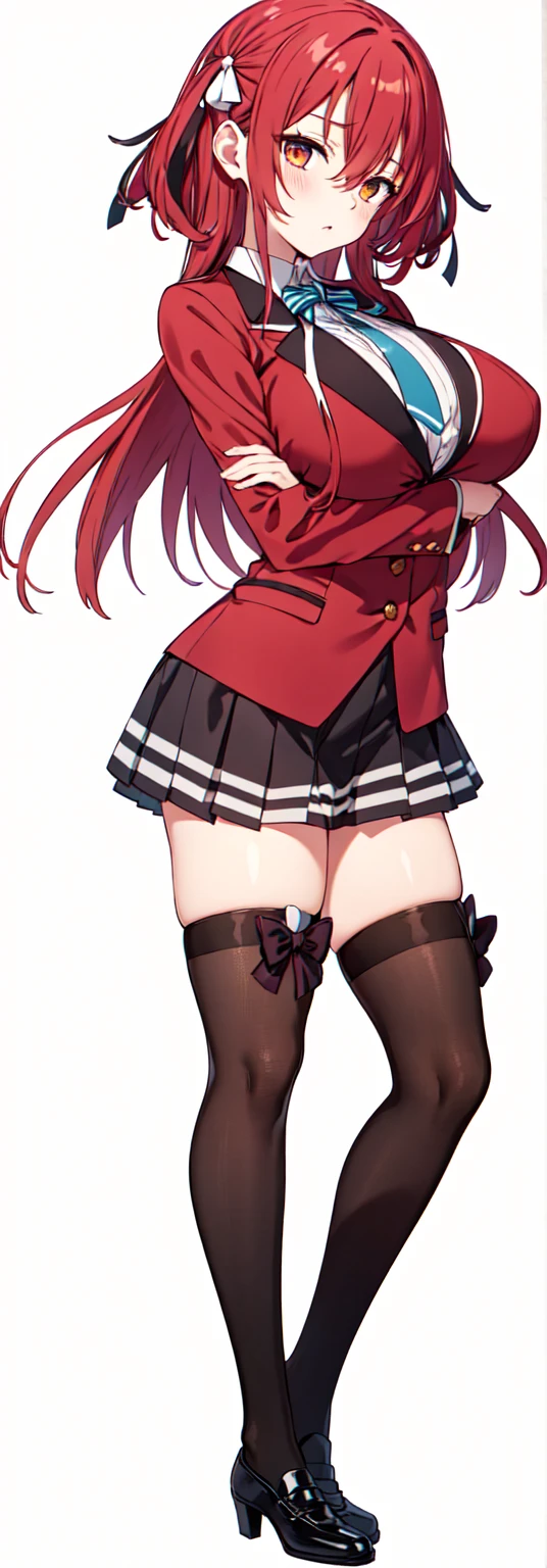 masterpiece, Highest quality, High resolution, , long red hair, Red Bow, Striped ribbon, blazer, Red ugly jacket, Long sleeve,  Big Breasts,Confused eyes,Brown Skirt, Black knee socks, Arms crossed, indoor, classroom