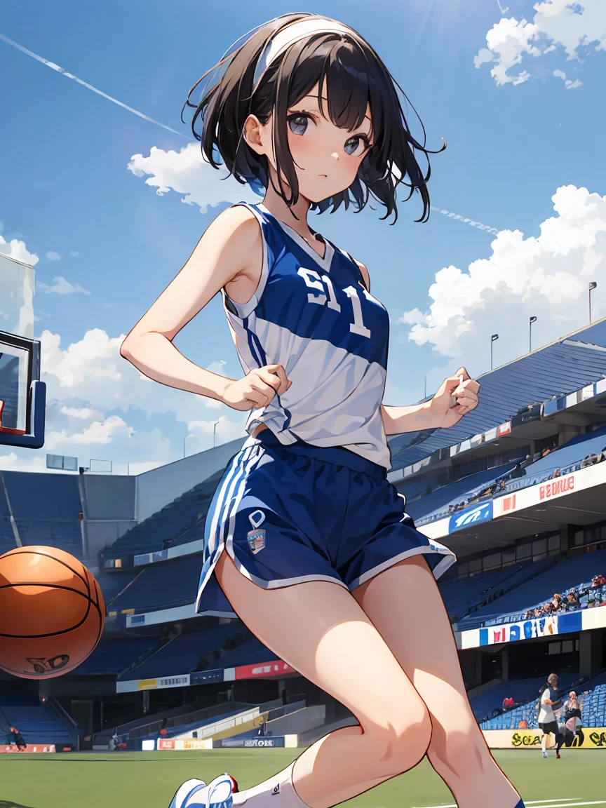 in a girl、funny、dress,(small breasts ) , short black hair, black eyes,basketball training, blue sleeveless t-shirt with the number 11 on the chest and back, Matching shorts with a white line design on the sides, white sports shoes with blue details, white knee high socks, white headband
