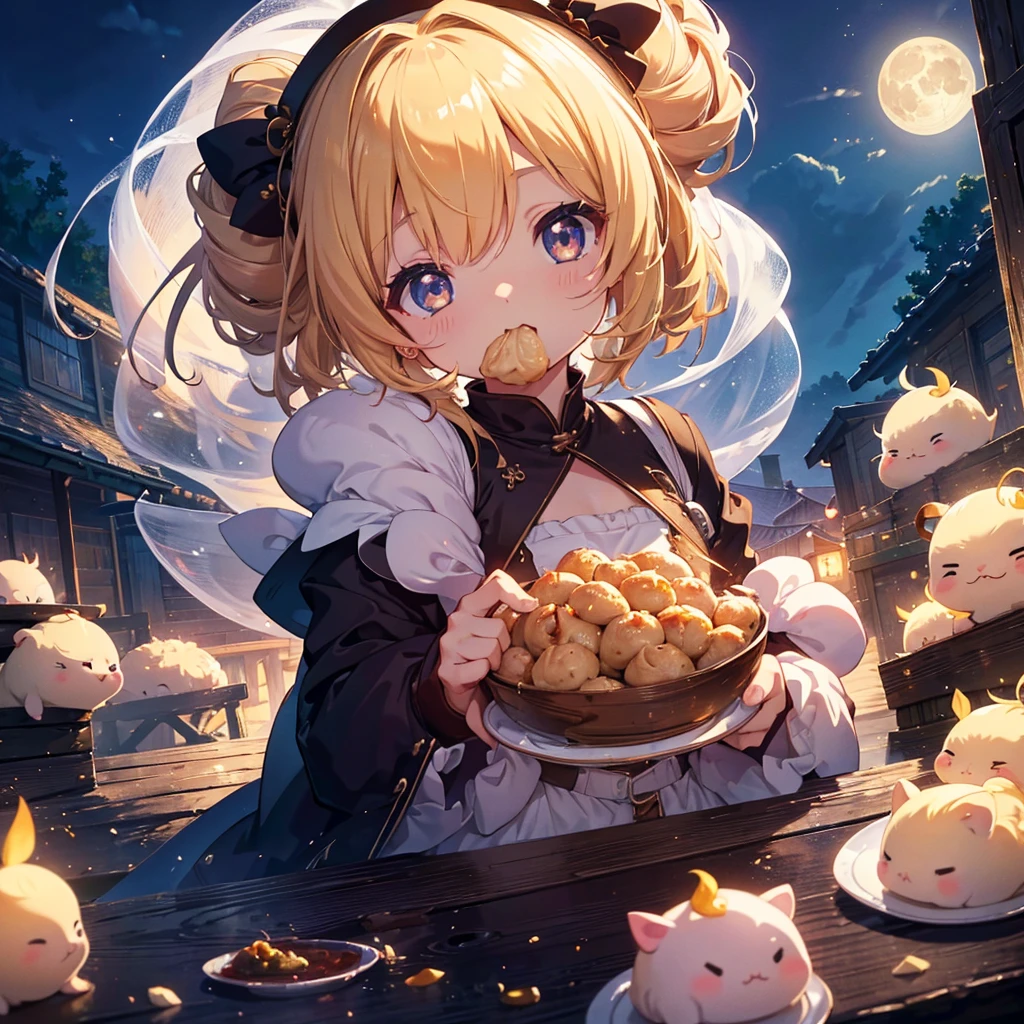 ultra detailed, ultra high res, 64k, Masterpiece, top quality, beautiful eyes in detail, high definition background, bright and beautiful atmosphere, 3 girls (2 years old, 1 short-tempered round face), Chibi (1 child) (hair) , surface effect), color effect), small breasts, blonde hair, decorated with many buns under the full moon, a mini pig on a girl's shoulder, a girl eating dumplings on a plate and looking delicious. A lot of mini pigs staring at the moon, mini pigs stuffing their mouths with dumplings, mini pigs with sleepy faces, deltamon_sdXL:0.73) >Deltamon negative prompt