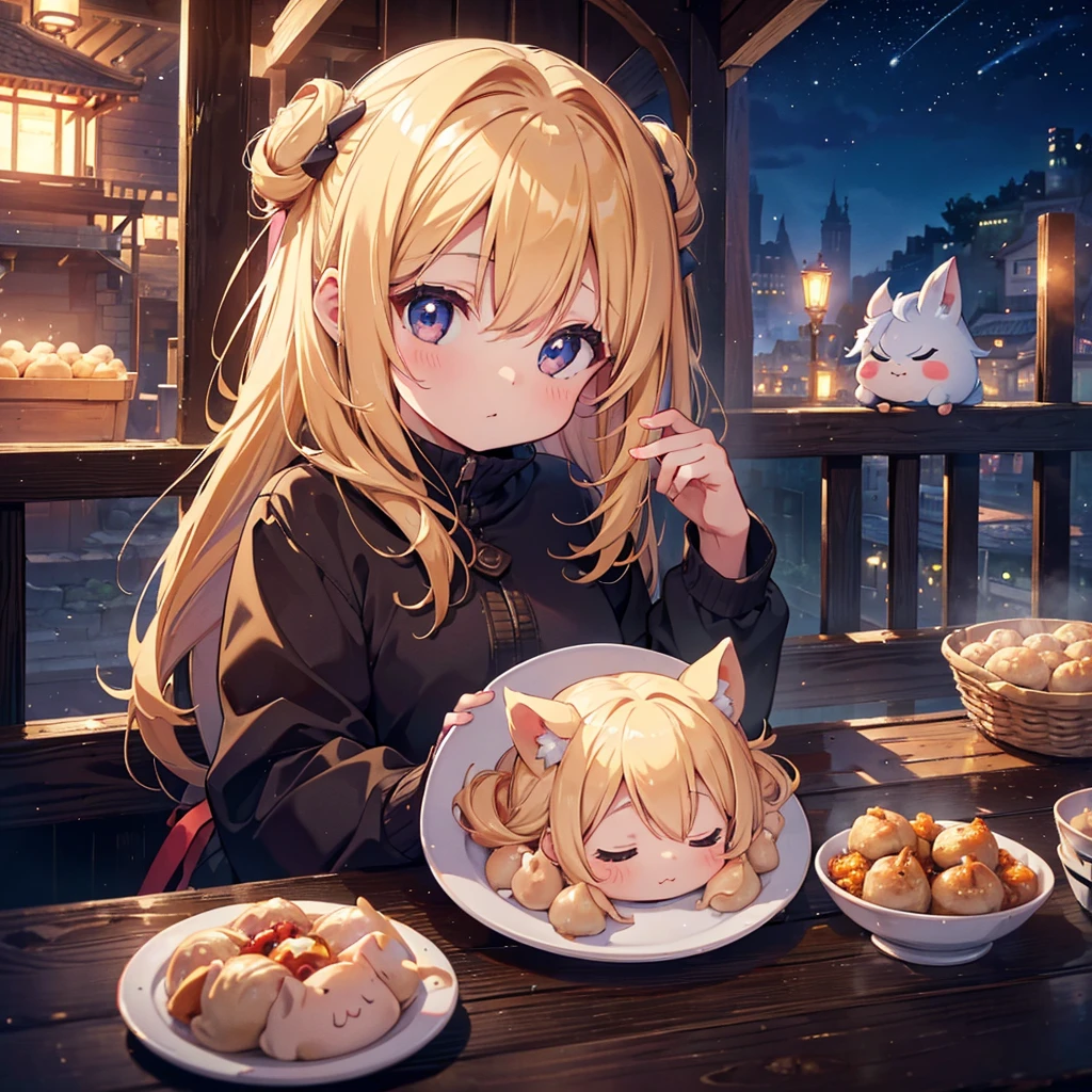 ultra detailed, ultra high res, 64k, Masterpiece, top quality, beautiful eyes in detail, high definition background, bright and beautiful atmosphere, 3 girls (2 years old, 1 short-tempered round face), Chibi (1 child) (hair) , surface effect), color effect), small breasts, blonde hair, decorated with many buns under the full moon, a mini pig on a girl's shoulder, a girl eating dumplings on a plate and looking delicious. A lot of mini pigs staring at the moon, mini pigs stuffing their mouths with dumplings, mini pigs with sleepy faces, deltamon_sdXL:0.73) >Deltamon negative prompt
