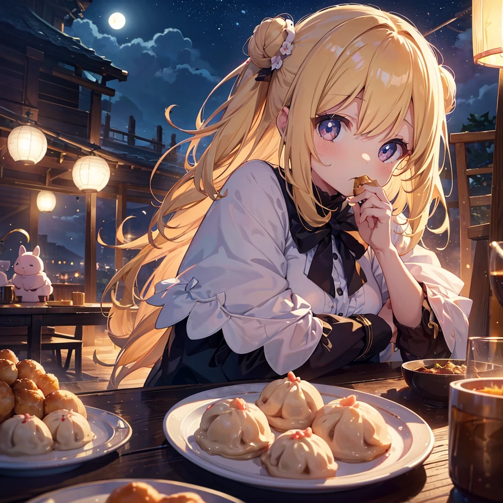 ultra detailed, ultra high res, 64k, Masterpiece, top quality, beautiful eyes in detail, high definition background, bright and beautiful atmosphere, 3 girls (2 years old, 1 short-tempered round face), Chibi (1 child) (hair) , surface effect), color effect), small breasts, blonde hair, decorated with many buns under the full moon, a mini pig on a girl's shoulder, a girl eating dumplings on a plate and looking delicious. A lot of mini pigs staring at the moon, mini pigs stuffing their mouths with dumplings, mini pigs with sleepy faces, deltamon_sdXL:0.73) >Deltamon negative prompt