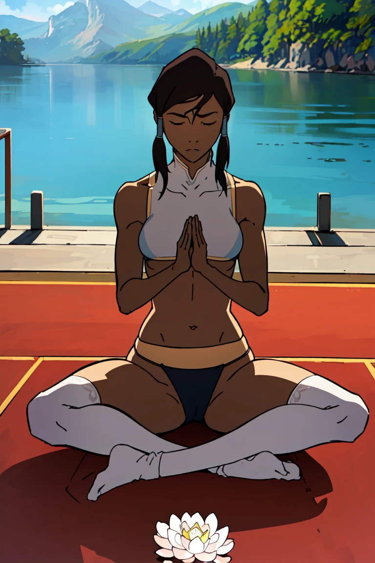 view from above,,The legend of korra, korra,(dark skin,medium tits,thongs,stockings,micro bikini,sitting cross - legged:1.3 ,)( meditating,lotus pose sitting on meditation:1.4), lifting skirt, closed eyes
