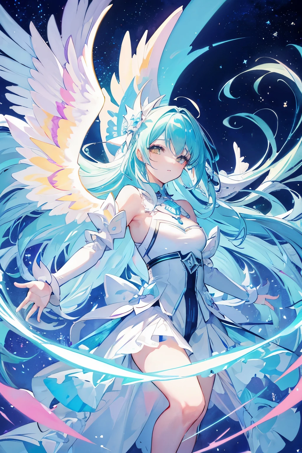 (((ultra detailed))), fluorescent colors, watercolor, ultra long hair, lace, crafty trick, love magic, happy angel, halcyon, saber,wings, diamond crossing, eden, dynamic lighting, wide shot, from above