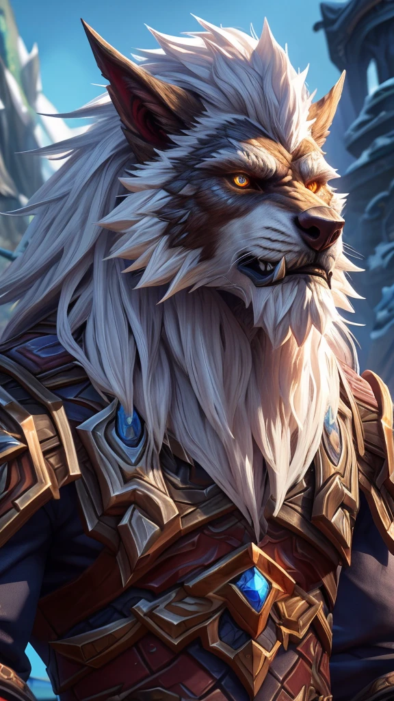 4K, high resolution, Posted on e621 (patto art style),Official Fanart, World of Warcraft同人画, Furry Art, high resolution佣金, World of Warcraft风格, Detailed key animation art, Strong, Full body portrait, panoramic, (Realistic eye details: 1:2), High Detail, high quality, 16K, (best quality,4K,high resolution,masterpiece:1.2),professional,Reference Blizzard Games《World of Warcraft》Genn Greymane,Werewolf,Absolutely pure white hair,Golden eyes