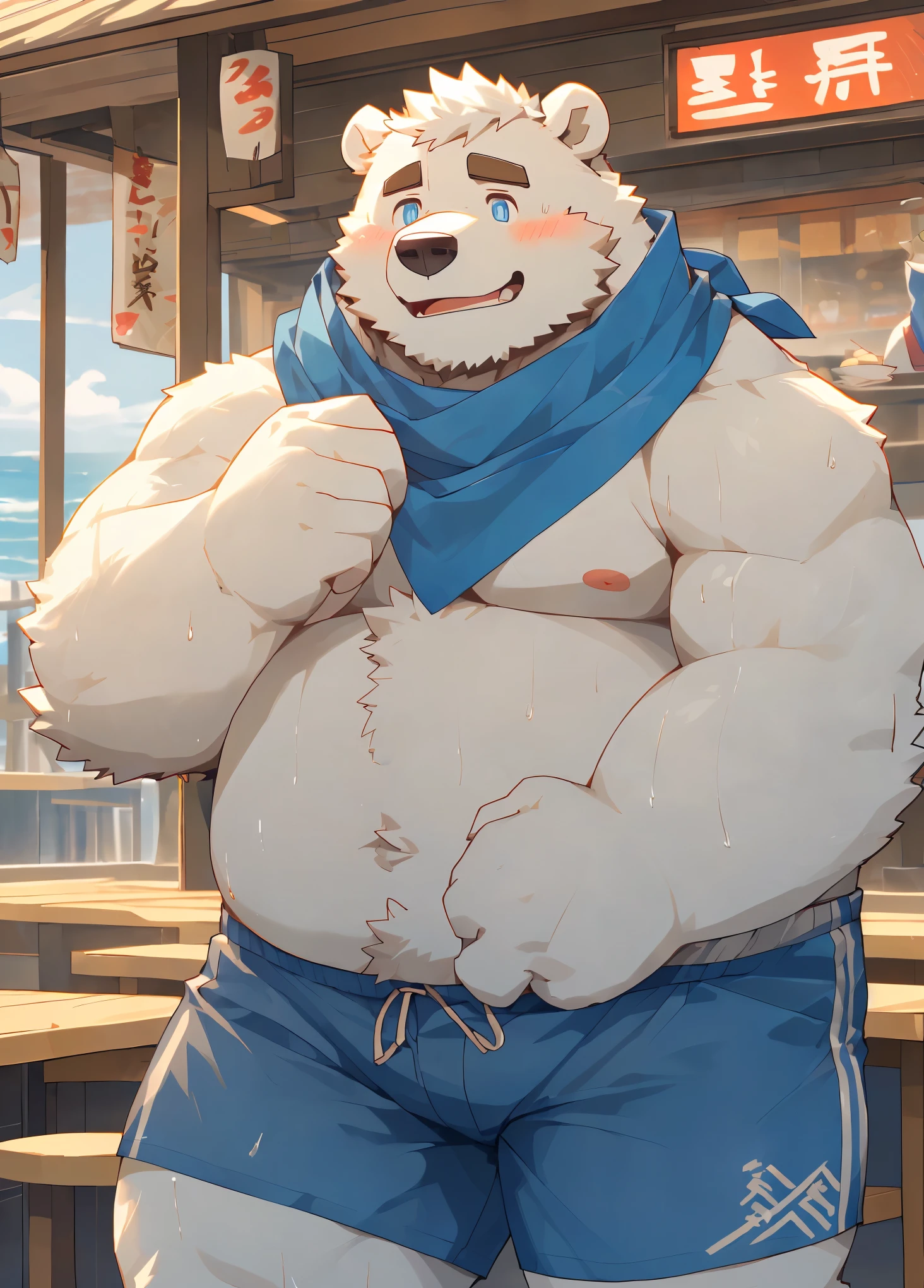 (masterpiece),(Very detailed),(best quality),hairy,Adult polar bear,White fur,Chubby body,Blue pupils,(In front of a ramen shop by the sea),((Blue scarf)),(Wearing shorts),(Wiping the sweat from the forehead with one hand),(blush:1.1),(Silly Smile),((Cute expression)),(high quality),(Ultra HD),(Extremely detailed)