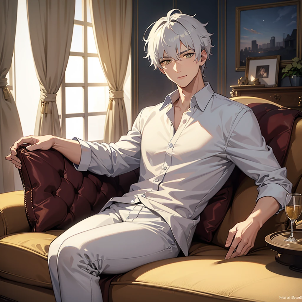 In a modern living room flooded with natural light from open curtains, a young man reclines lazily on a plush sofa. His distinctive features include white hair and piercing yellow eyes. He wears a pristine white shirt paired with comfortable jogging pants, his slim frame relaxed as he holds a detailed smartphone in his hand. A content smile plays on his lips as he gazes thoughtfully at the screen.
The scene is a masterpiece of meticulous detail and top-quality animation, emphasizing the male character's relaxed demeanor and expressive eyes. The modern decor of the room, with its carefully selected furnishings and contemporary design elements, enhances the overall ambiance of the setting.
