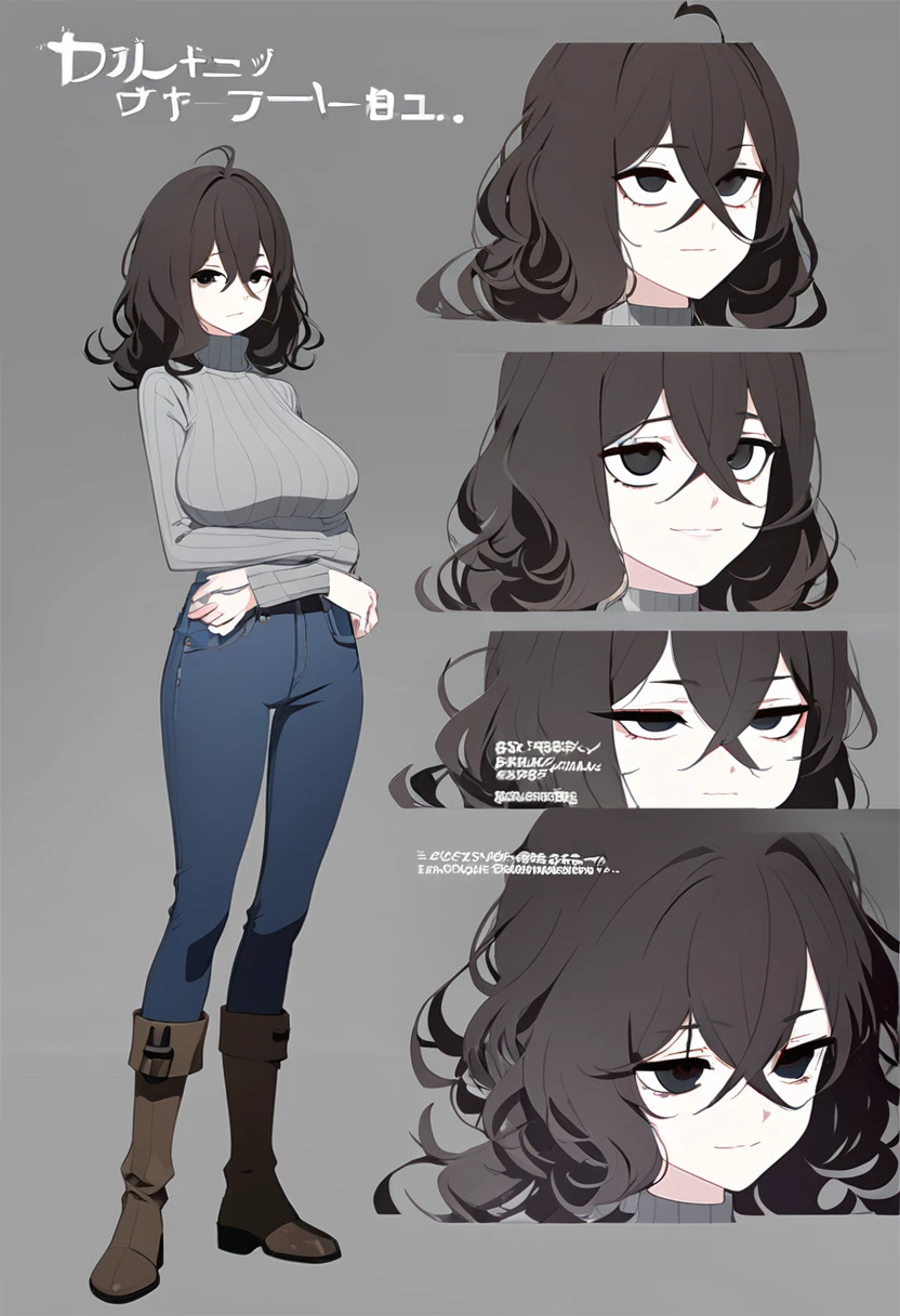 One Woman,Downer,older sister,Concept Art,Dark brown hair,Straight hair with slight inward curls,Staring eyes,Eye Ridge,black eye,Crossed bangs,whole body,smile,Larger breasts,Gray background,Bangs that reach down to the eyes,Messy hair,Tight dark jeans,Gray turtleneck sweater,Multiple views of the same character,Character Design,Dark circles under the eyes,Bad look,Listless,Sloppy,Silver Jewelry,Cafe staff,whole bodyCharacter Design,Detailed hands,Height: 170cm,boots,