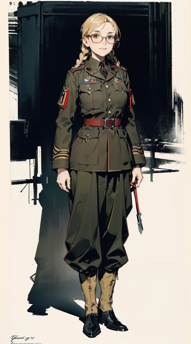 (extremely detailed CG unity 8k wallpaper), (masterpiece), (best quality), (ultra-detailed), (best illustration), (best shadow), (absurdres), (extremely detailed CG unity 8k wallpaper), BREAK girl, sweat, steam, medium breast, nsfw, shy, light smile modest, remote shooting, detailed beautiful delicate face, Detailed beautiful delicate eyes, perfect facial proportions, High definition skin, thin skin, best four inch aspect ratio. With a thumb, a masterpiece, highy detailed, Realistic, (German World War II general uniform reference : 1.8), the highest facial resolution, , mulher modestmente vestida, fully dressed, ( mic, blackquality hair, black bangs straight, super thin braids, bangs straight, Red glasses, dark green eye, science fiction, Fighter aircraft, standing On the landing of a Fighter aircraft, the agency, a deeply intelligent personality, A calm expression, a respectful face, a war, a Fighter aircraft