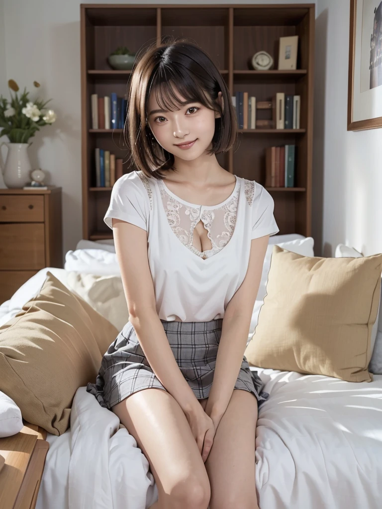 (Highest quality:1.9)、(High resolution)、Live-action image quality、((19 year old female university student、1 person))、Soft lighting by a professional photographer、Natural light、((Very spacious white luxurious room:1.6))、((Bright white room:1.6))、(Sitting on a very luxurious white bed:1.2)、(White Bookcase:1.1)、Natural soft light、((Brown hair color:1.1))、Fair skin、Detailed Eyes、double eyelid、Slightly puffy cheeks、((Small Face:1.0))、((Pink lace short sleeve shirt、Grey checked mini skirt、Please wear it with the chest open.:1.1))、Live-action image quality、E cup bust、Cleavage、(smile)、((Girly pose 1.8))、((short hair:1.1))、((Full Body Shot:1.2))、((Height: 150cm))、Hands in front、Hide your hands between your legs、