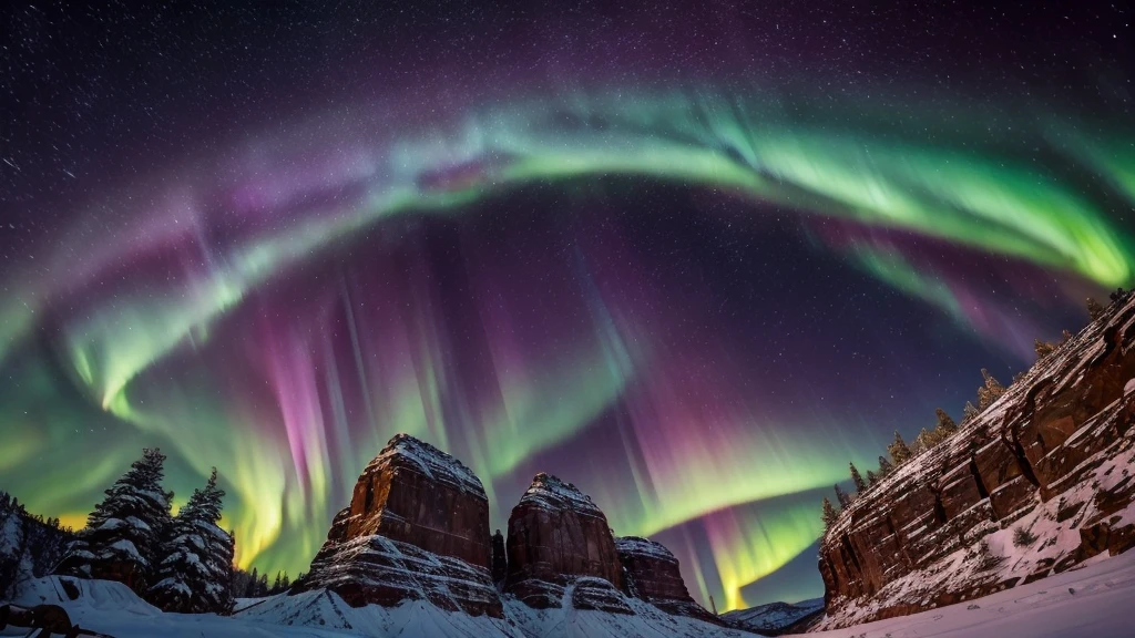 wonderfull stary pink sky with Aurora borealis in great canyon
