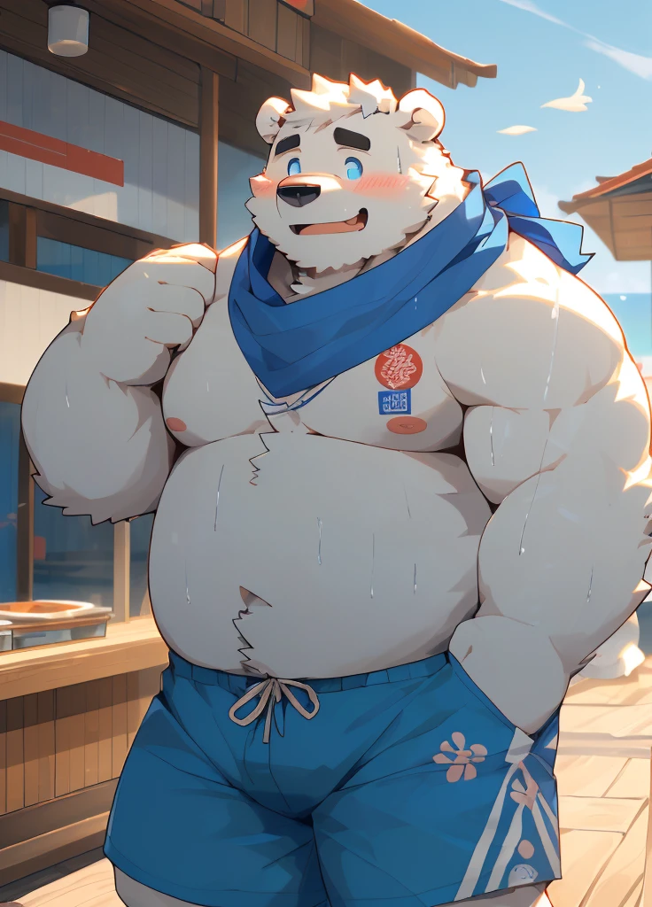 (masterpiece),(Very detailed),(best quality),hairy,Adult polar bear,White fur,Chubby body,Blue pupils,(In front of a ramen shop by the sea),((Blue scarf)),(Wearing shorts),(Wiping the sweat from the forehead with one hand),(blush:1.1),(Silly Smile),((Cute expression)),(high quality),(Ultra HD),(Extremely detailed)