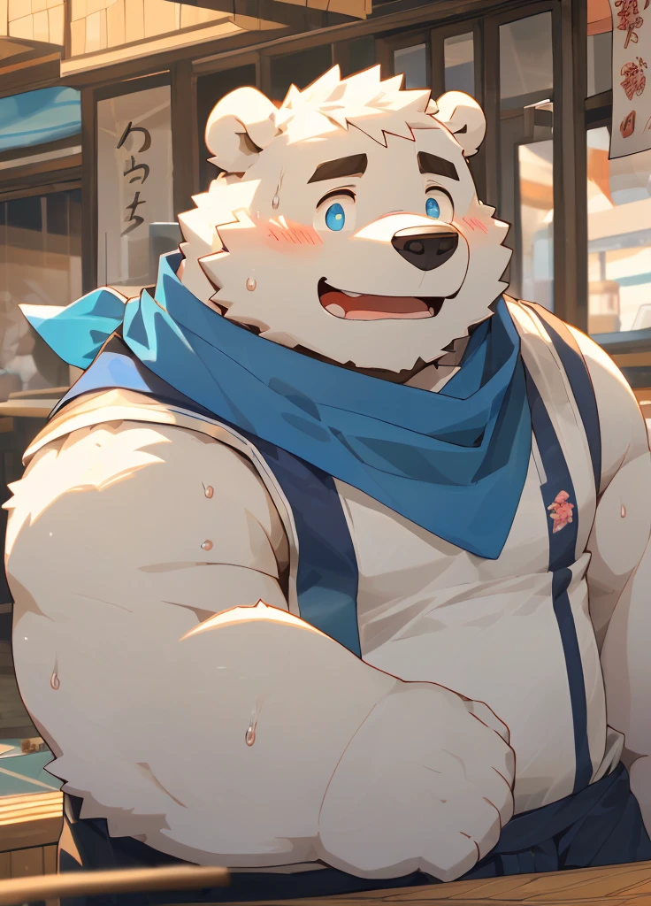 (masterpiece)，(Very detailed)，(best quality)，hairy，Adult polar bear，White fur，Chubby body，Blue pupils，(In front of a ramen shop by the sea)，((Blue scarf))，(Wearing shorts)，(Wiping the sweat from the forehead with one hand)，(blush:1.1)，(Silly Smile)，((Cute expression))，(high quality)，(Ultra HD)，(Extremely detailed)