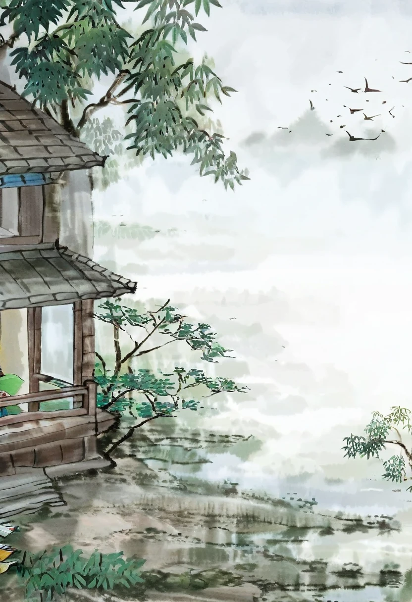 Photography,Chinese Ink Painting,Traditional Chinese Art,Simplicity ,An old house,House by the lake,Complete wooden house,There is a desk in the house,Boy reading a book,Boy in traditional Chinese costume,There is a bamboo forest outside the window,The shadow of the bamboo is projected on the desk through the window,