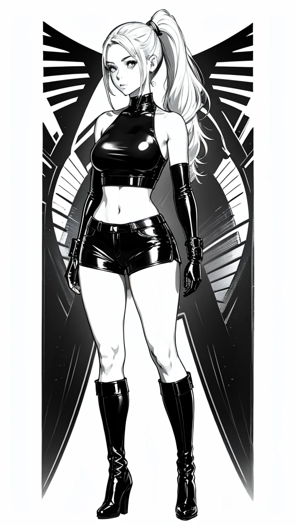 anime character with short hotpants and knee high latex boots, full body rendering, looking away, elbow long gloves, ponytail, showing behing, backshot, full body shot, crop top, full body, bare shoulders, high heels, looking to the side