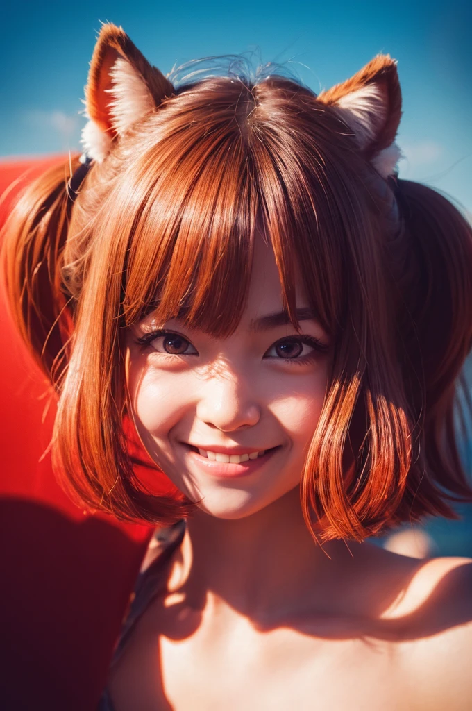 Hair ties, Falter, Long eyelashes, Round eyes, fake animal ears, A light smile, Redness in the ears, tooth, Surrealism, Cast a Shadow, Anaglyph, Stereogram, tachi-e, throw, Atmospheric perspective, 8K, Super detailed, Accurate, Highest quality