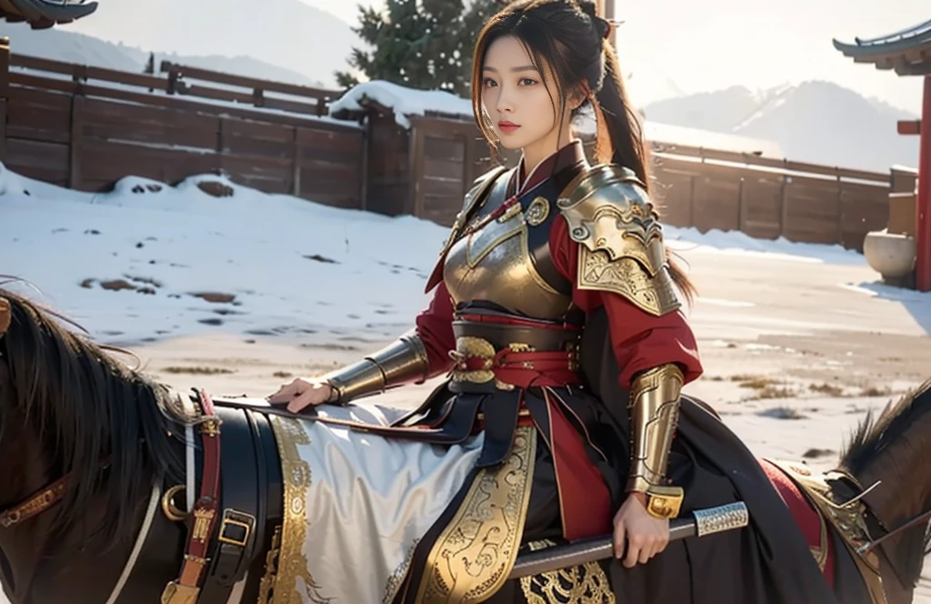 close up:A lady riding a horse,A bird perched on my shoulder, Concept art inspired by Dojong, cg Social Hotspot, What is it?, Full body martial arts, xianxia hero, Beautiful rendering of the Tang Dynasty, Female Samurai, chinese warrior, Katana Zero Video Game Character, bian lian, A beautiful female warrior