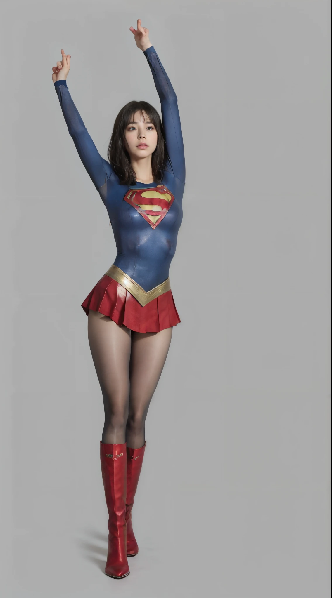 No background、extinct、She always has a troubled look on her face、Always close your eyes、Keep your arms up at all timesおく、Keep your arms up at all times、(((Beautiful legs in black tights.)))、(((Stretch your legs、expensive、あなたのsufferingを合法的に表現する)))、((((Make the most of your original images)))、(((Supergirl Costume)))、(((Beautiful short bob hair)))、(((suffering)))、(((Black tights legs、Wear red boots)))、((Best image quality、8K))、((Highest quality、8K、masterpiece:1.3))、(((Preserve background )))、Sharp focus:1.2、Beautiful woman with perfect figure:1.4、Slim Abs:1.2、Wet body:1.5、Highly detailed face and skin texture、8K