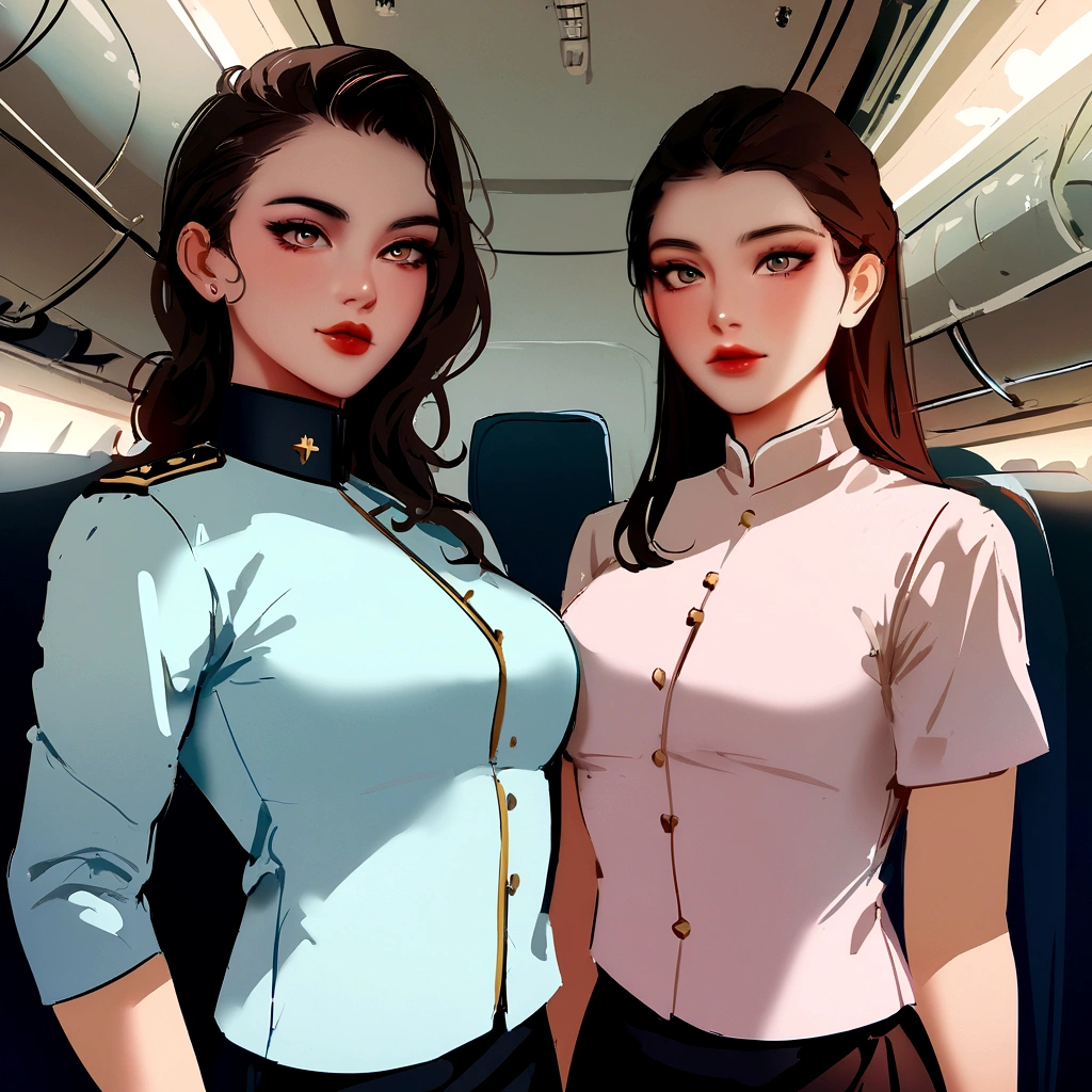Two Asian women in uniform standing next to each other on an airplane, nixeu and sakimichan, Behind it is a flat, uniform sky., sakimichan,  Elegant pose, Hey, lower angle