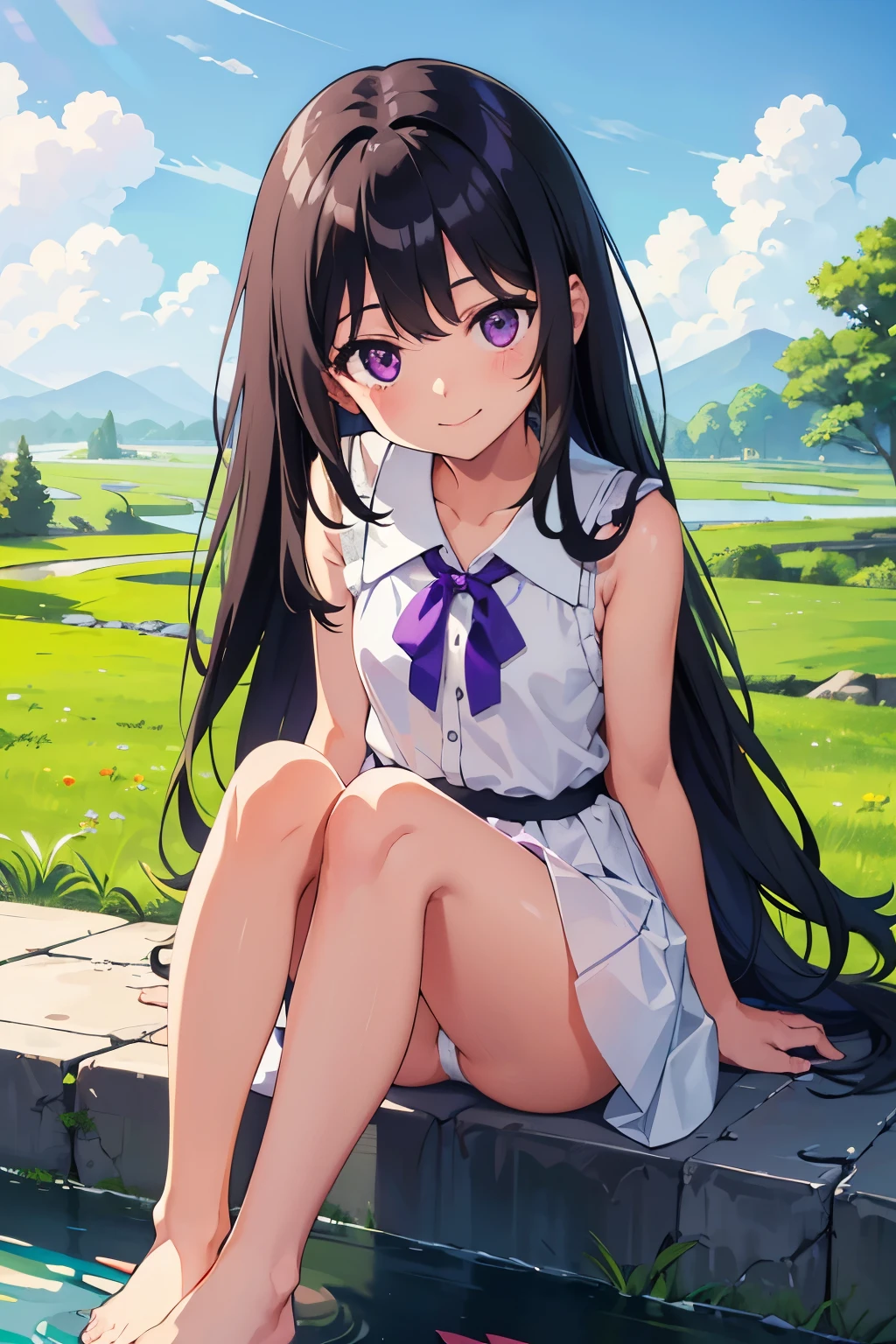 Elementary school girl, , flat chest, black hair, long hair, purple eyes, smiling(One person) White sleeveless dress White panties((Her clothes are a little transparent and you can see her panties))barefoot Wearing sandals River in the countryside Clear Stream Dynamic Angle Low - Angle