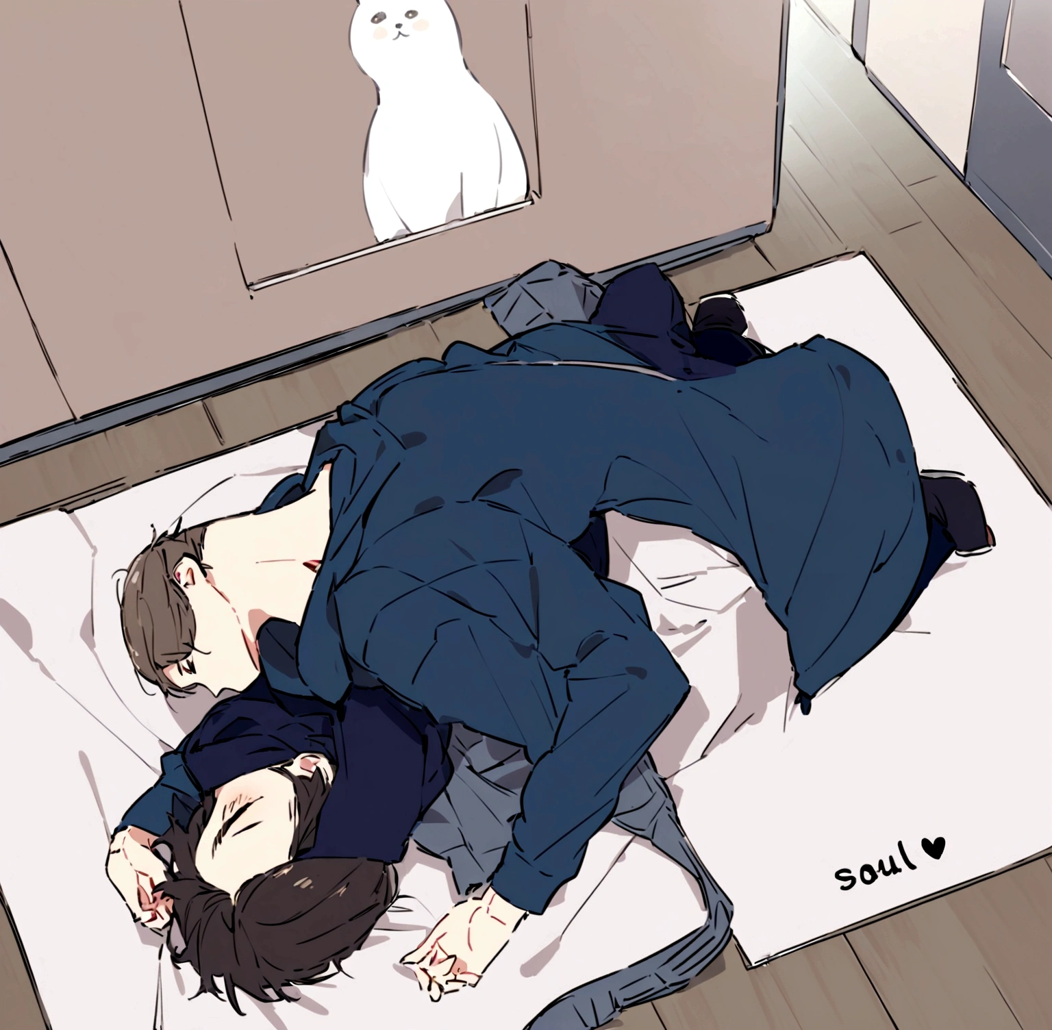 A handsome and cute young boy with a blue hoodie tired as he layed on the floor as if his soul left his body just like in the picture