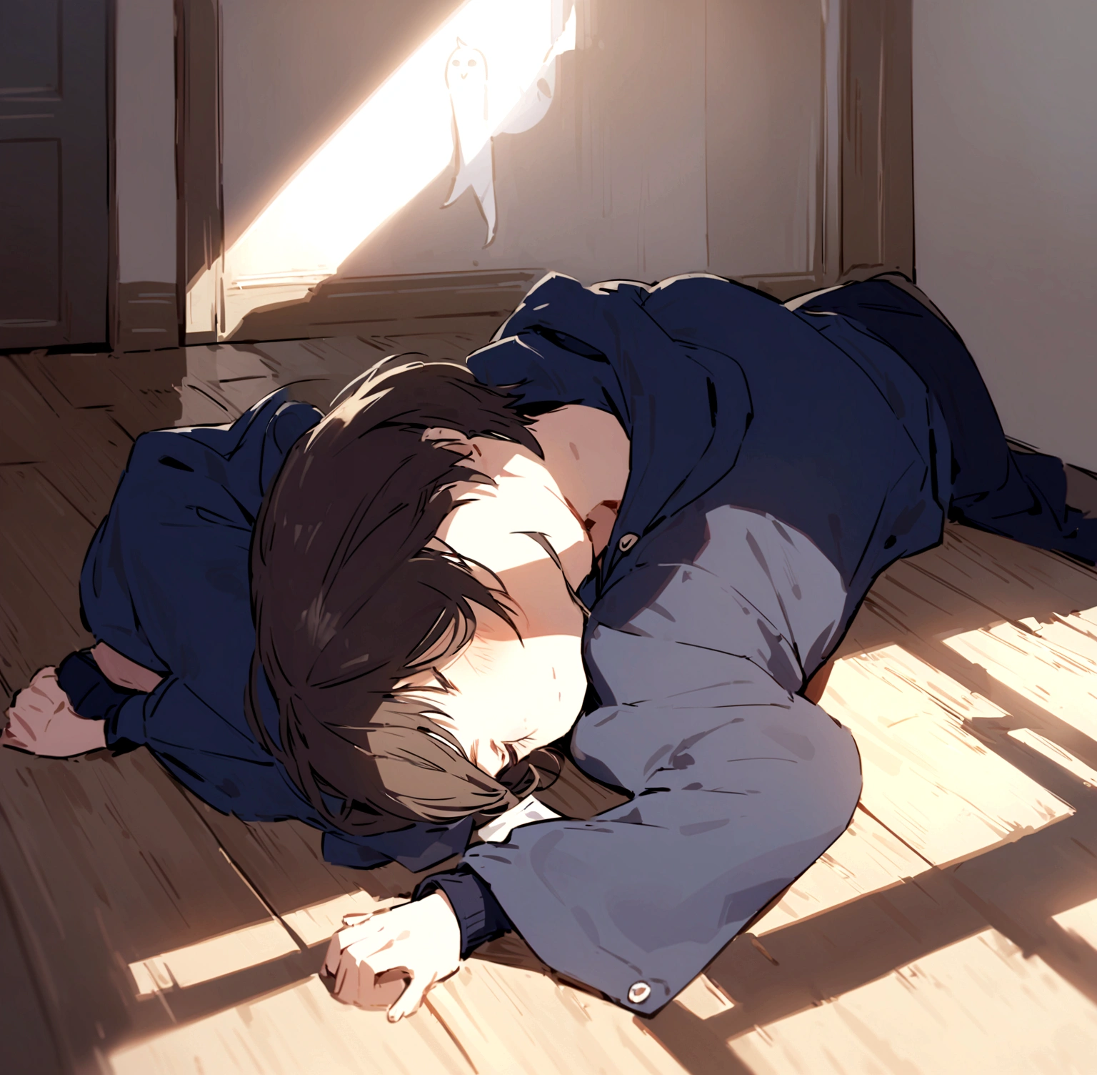 A handsome and cute young boy with a blue hoodie tired as he layed on the floor as if his soul left his body just like in the picture 