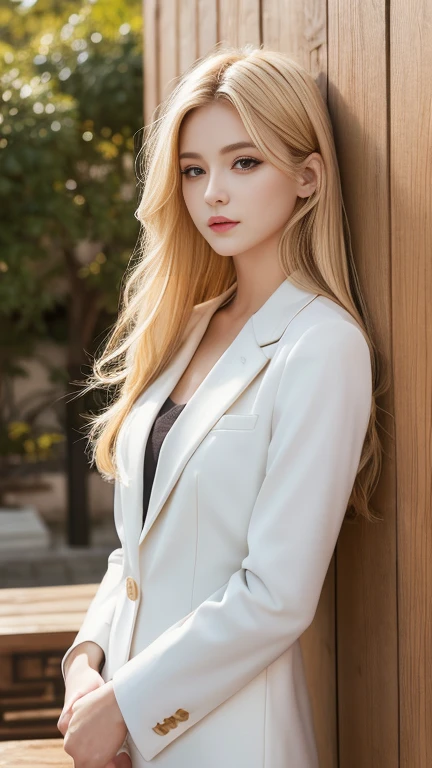 Tabletop, Highest quality, shape, Very detailed, finely, High resolution, 8k wallpaper, 完璧なダイナミックな構shape, finelyて美しい目, Neat clothes,suit、blonde, Medium Long Hairstyles,,Natural color lip,