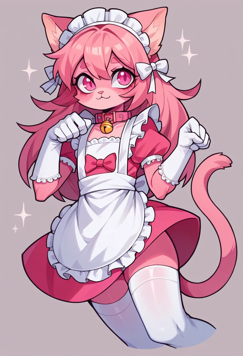 work of art, perfect, highy detailed, (small hibryd anthro cat femboy), cute pink skin, ((pink eyes)), ((1))fluffy cat tail, Pink long hair, tiny chest, (PINK CAT Ears), Wearing a pink collar, pink maid dress, White silk gloves, silk white thigh socks, wearing a pink muzzle, True muzzle, god of eyes, niji, god of eyes, niji,