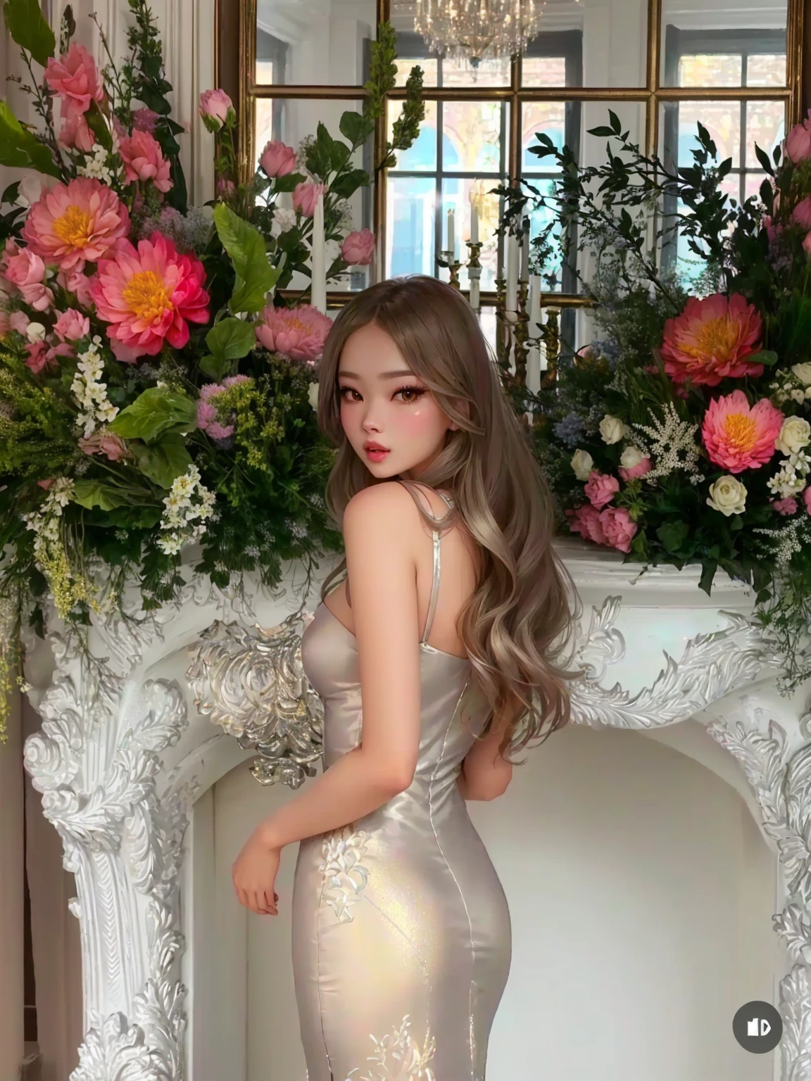 arafed woman in a silver dress standing in front of a fireplace, with flowers, tight dress, style of julia razumova, masha krasnova, lady with glowing flowers dress, skintight dress, wearing silver dress, wearing an elegant dress, gorgeous young model, dasha taran, barbara palvin, yulia nevskaya , blackpink jennie , blackpink Lisa , asian famale face , cute girl , Korean famale