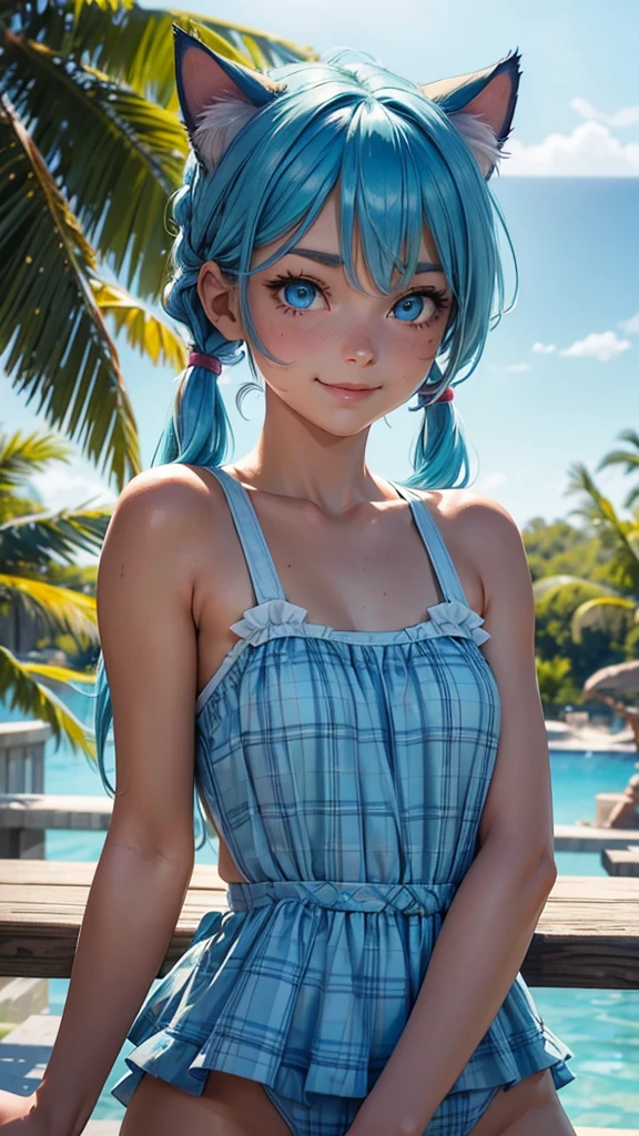 (high resolution, upper body, soft skin:1.2),(best illustration,masterpiece:1.2),ultra-detailed,[(cat ears , aqua blue inside:1.2, blue twin tail hair, aqua blue eyes, cat eyes, tan skin),vivid colors,sharp focus, sun lighting,bokeh, wearing a red plaid swimsuit, smiling, one eye wink 