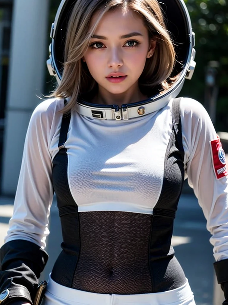 Close-up of a woman in a white suit with red gloves, Portrait Astronaut Girl, Armored astronaut girl portrait, Sleek digital concept art, Kschaert Krentz Key Art Feminine, SF Women, girl in space, Smooth Art, Wearing a space suit, Vojtek Fuss, Lostrun 8k, Inspired by Krenz Kuszat,
