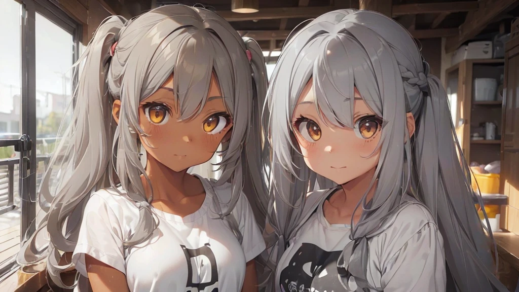 ((((tanned skin)))), ((((grey color hair))), long curly twin-tail hair with tousled ends, messy bangs that show forehead. Large, beautiful yellow eyes. Mom、Mother、rattle