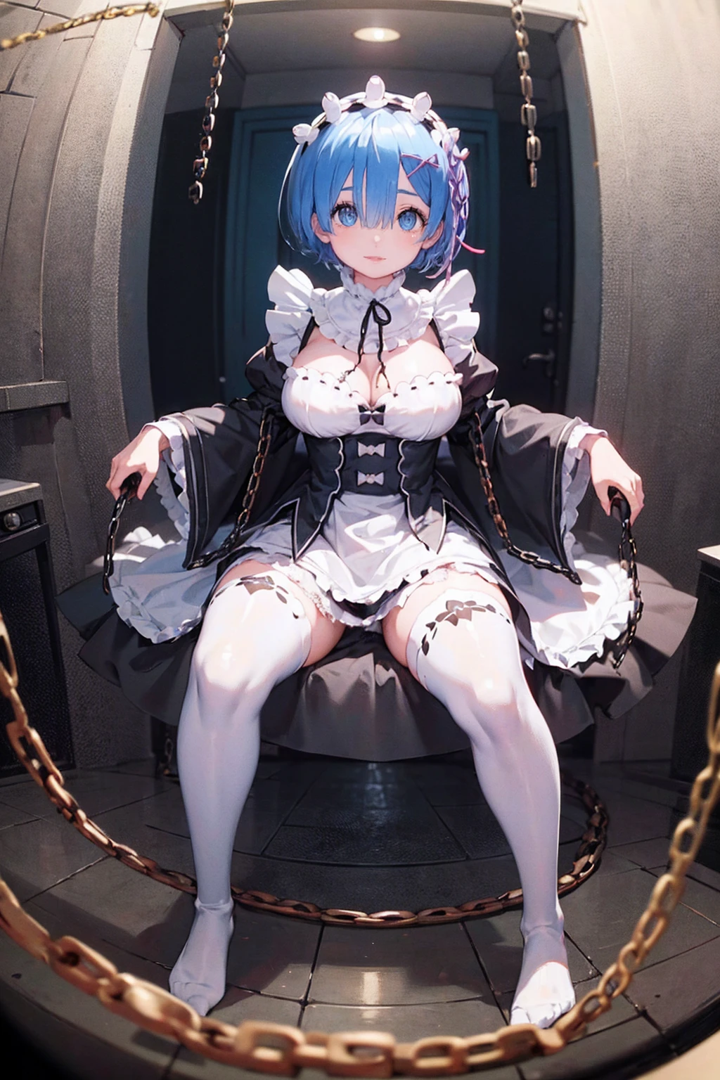 Plump、Show your pants、Fighting Pose、Weapons Morningstar、((Underground Prison))、((The floor beneath my feet is crumbling))、((((Rem in chains)))),(((((Fisheye Lens)))))、((Super huge breasts))、(((Plump thighs)))、(((Rem from Re:Zero)))、looking at the camera、High qualityHigh quality、8k、(((((Full body description)))))、Chest、Fantastic、(((((Torn maid uniform)))))、looking at the cameraで、barefoot、(((Tall Rem)))、Sweat splashes、Clothes are ripped off,(Torn knee-high socks)、