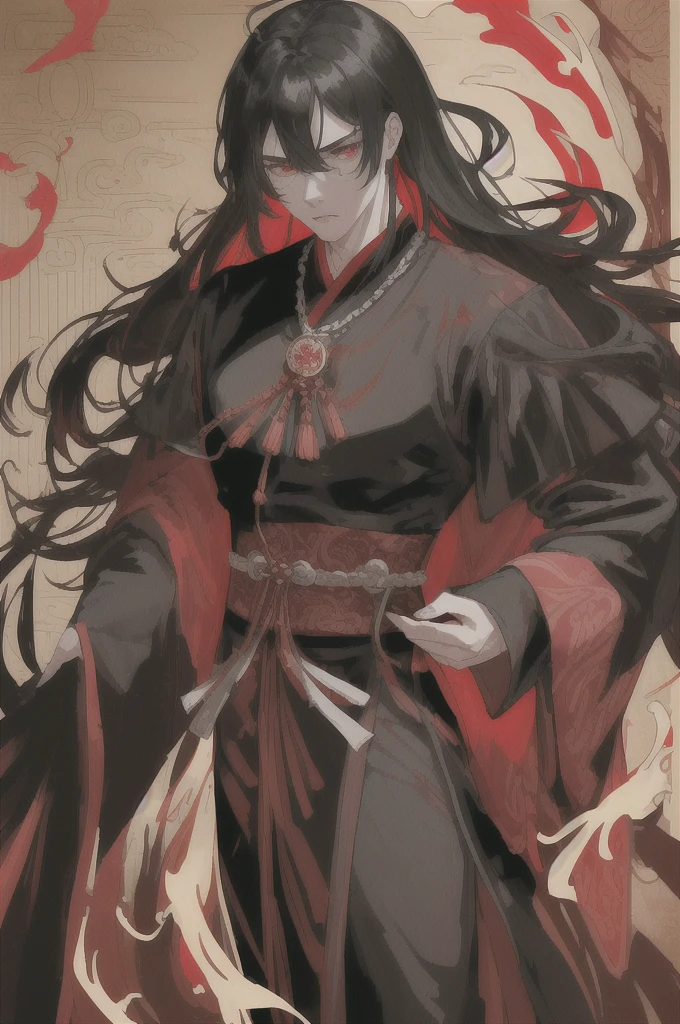 ((masterpiece:1.2, best quality)), 4k, 1boy, His face is handsome with strong masculine features. His eyes are deep red in color, showing the demonic blood that flows within him. His gaze is intense and passionate, reflecting his inner strength. His hair is long, jet black, often tied up neatly or left loose. His thick hair gives a wild and powerful impression. Shunxi wears hanfu that are practical yet still reflect his power. Usually, he wears a black robe with blood-red trim, providing a sharp contrast to his skin. These clothes are made from strong yet comfortable materials, perfect for fighting and moving quickly. There are outer robes that are often solid black with red embroidery in the shape of flames and dragons. A wide belt with metal embellishments in the shape of dragons. Sometimes black leather armor with silver trim is worn. A necklace with a pendant in the shape of a sword, a symbol of his power, and a gold ring with a dragon carved on the middle finger of the right hand.