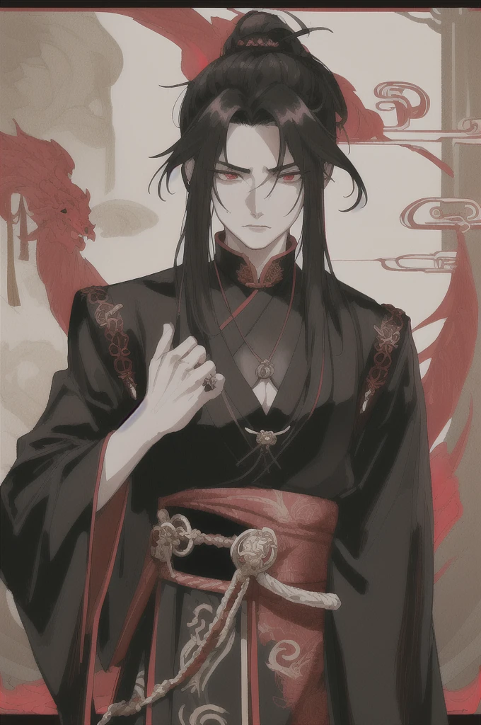 ((masterpiece:1.2, best quality)), 4k, 1boy, His face is handsome with strong masculine features. His eyes are deep red in color, showing the demonic blood that flows within him. His gaze is intense and passionate, reflecting his inner strength. His hair is long, jet black, often tied up neatly or left loose. His thick hair gives a wild and powerful impression. Shunxi wears hanfu that are practical yet still reflect his power. Usually, he wears a black robe with blood-red trim, providing a sharp contrast to his skin. These clothes are made from strong yet comfortable materials, perfect for fighting and moving quickly. There are outer robes that are often solid black with red embroidery in the shape of flames and dragons. A wide belt with metal embellishments in the shape of dragons. Sometimes black leather armor with silver trim is worn. A necklace with a pendant in the shape of a sword, a symbol of his power, and a gold ring with a dragon carved on the middle finger of the right hand.