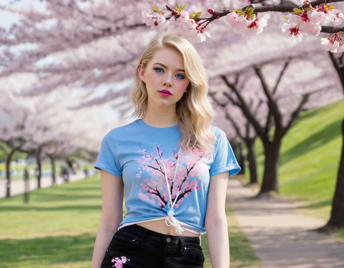 full body shot of a white female, age 20s, twin-tailed medium blonde hair, blue eyes, pink eye shadow, pink lips, she wears a casual short sleeved shirt with the black dripping text that says "pink", white skinny jeans, pink and white high sneakers with white shoelaces. cherry blossom tree park in the background.