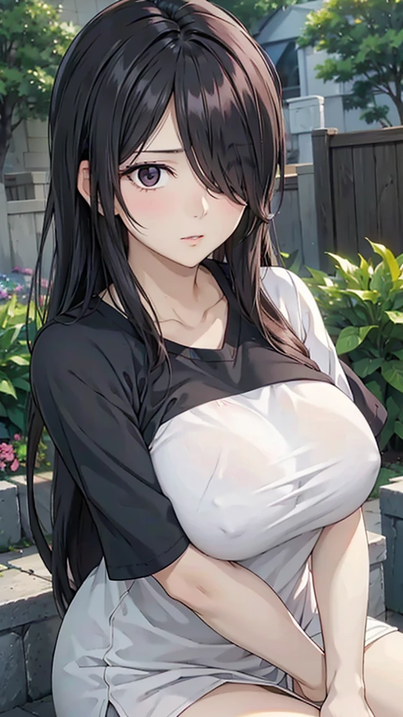 Cute mommy, women, realistic skin,perfect ,black hair, long hair, (hair over one eye:1.4), messy hair, hair between eyes, Sexy ,eating,perspire,cute expression , garden