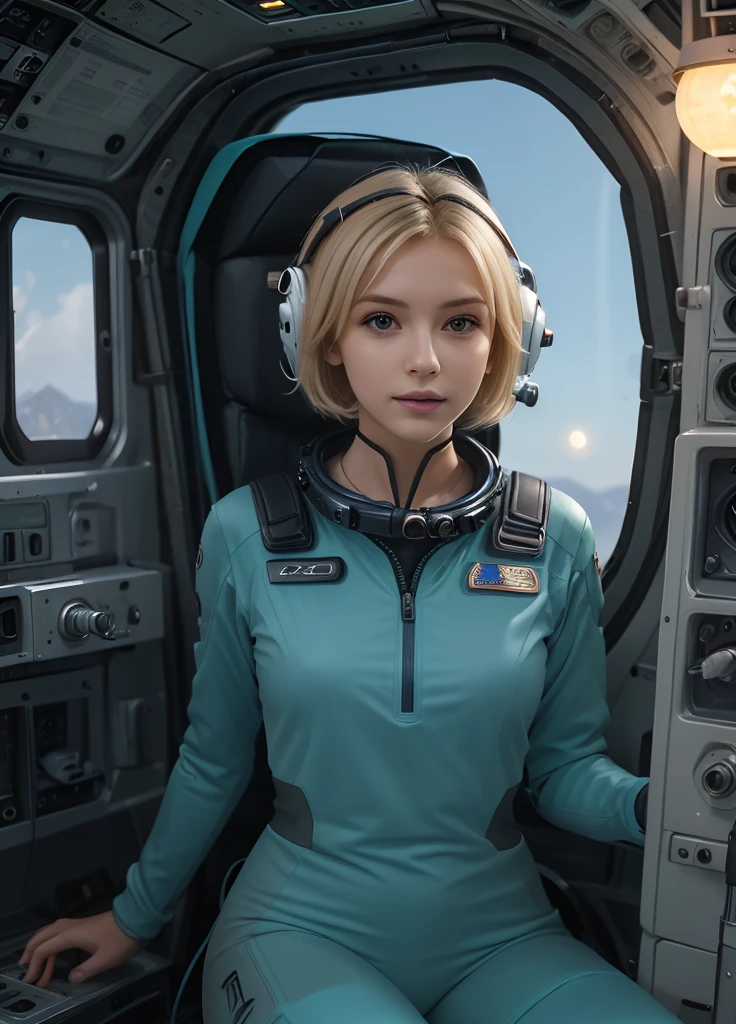 (masterpiece:1.4),(best quality,photorealistic), A beautiful Blonde woman with short hair 28 years old, she is wearing a full length Teal space suit, she has perfect hands and face, she is sitting in a space capsule, there computers and flight controls, and exclusive, Luxury, you can see a moon out of the window 