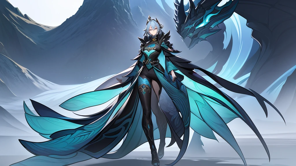 The character belongs to the moolong race and as such has minimal dragon characteristics of her race due to being human and is wearing a detailed and stylized costume.. The outfit consists of a long coat in blue-green and black., with silver prints and decorations that give it an ornate appearance. The coat has asymmetrical tails, longer in the back, which gives dynamism to the look. Underneath the coat, there is a tight black jumpsuit or armor that covers from neck to feet, accentuating the character's shape and providing an elegant contrast. with the elaborate coat. The coat's shoulders are adorned with structured, armor-like pieces, also with designs in teal and silver, contributing to a majestic, battle-ready aesthetic. Waist band, with attached pockets, suggesting practicality amidst elegance. The character's arms are partially covered by detached sleeves or gauntlets that match in color and design with the rest of the costume.. Completing the ensemble are over-the-knee boots., apparently made of durable material, suitable for combat or travel. They share the same color palette as the rest of the apparel.: blue-green details on predominantly black material, with metal plates that can serve as protection,
oriental clothes, the scenery in the background and of eastern peaks and mountains,